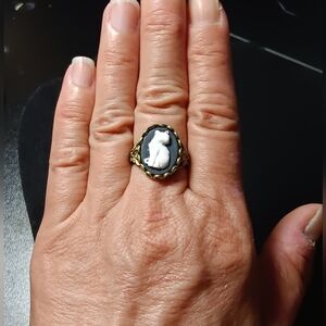 Victorian-Inspired Gold and Black Statement Ring, Feautures White Cat